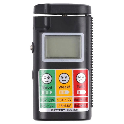 Digital LCD Battery Tester for Common Household Types - compact handheld tester with LCD and color-coded Good/Weak/Fail indicators