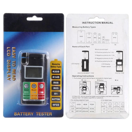 Digital LCD Battery Tester for Common Household Types - compact handheld tester with LCD display showing good/weak/replace indicators