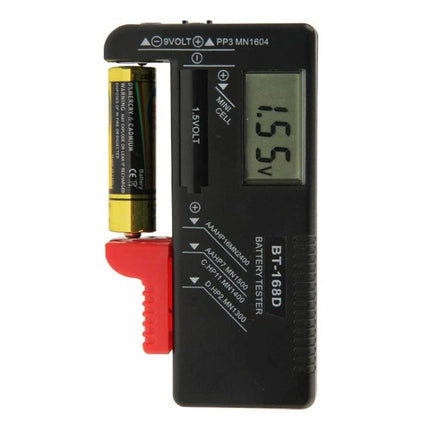 Universal Digital Tester for AAA, AA, and 9V Battery Capacity - BT-168D showing 1.55V reading on AA battery