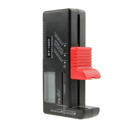 Universal Digital Tester for AAA, AA, and 9V Battery Capacity - BT-168D handheld battery tester with red sliding contact and LCD display