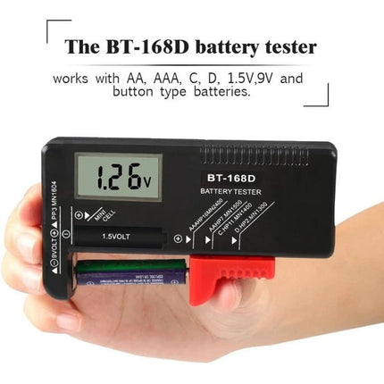Universal Digital Tester for AAA, AA, and 9V Battery Capacity - BT-168D handheld digital battery tester showing 1.26V reading