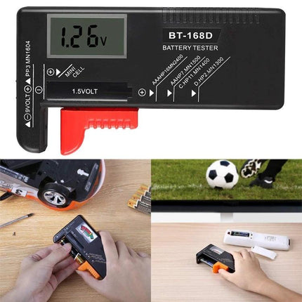 Universal Digital Tester for AAA, AA, and 9V Battery Capacity - BT-168D handheld battery tester measuring AAA AA 9V in remotes, flashlights, smoke alarms