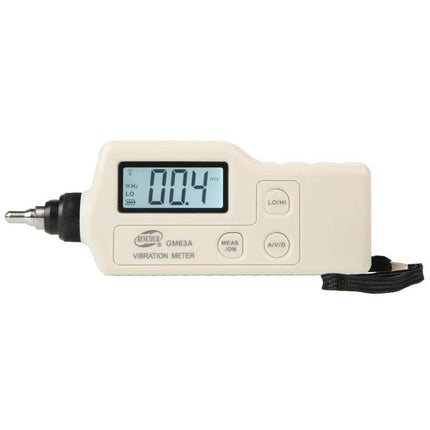 Benetech Digital Vibration Meter for Machinery Monitoring handheld meter with LCD showing 0.4 reading and probe attached