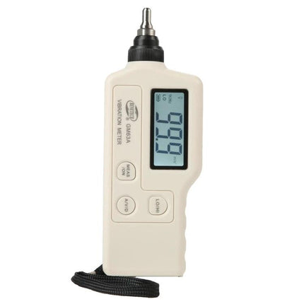 Benetech Digital Vibration Meter for Machinery Monitoring handheld device showing numeric LCD reading and probe for factory equipment checks
