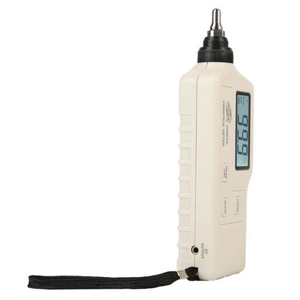 Benetech Digital Vibration Meter for Machinery Monitoring handheld device showing LCD reading and probe for factory equipment diagnostics