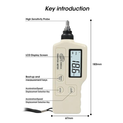 Benetech Digital Vibration Meter for Machinery Monitoring handheld meter with LCD, high-sensitivity probe and measurement keys for acceleration velocity displacement