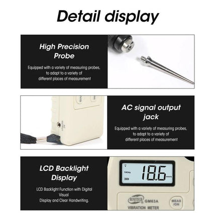 Benetech Digital Vibration Meter for Machinery Monitoring handheld device showing high precision probe, AC signal output jack and LCD backlight display