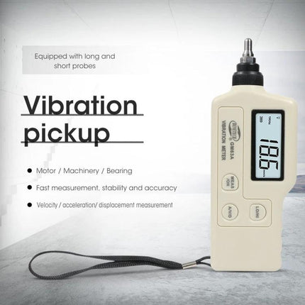 Benetech Digital Vibration Meter for Machinery Monitoring handheld device showing 186 reading, probes and wrist strap for motor and bearing checks