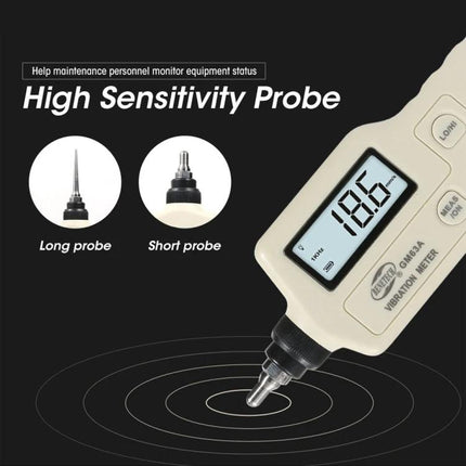 Benetech Digital Vibration Meter for Machinery Monitoring handheld device with high sensitivity probe and digital display showing 18.6