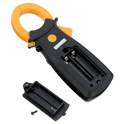 Reliable Digital Clamp Meter for Everyday Electrical Testing, black and orange clamp meter with open battery compartment and screw