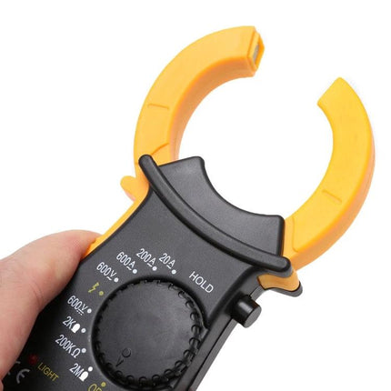 Reliable Digital Clamp Meter for Everyday Electrical Testing with open yellow clamp and rotary dial, handheld view