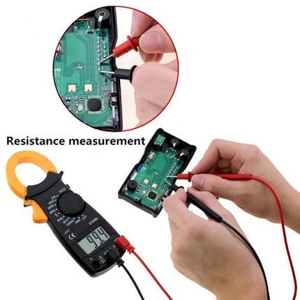 Reliable Digital Clamp Meter for Everyday Electrical Testing measuring resistance on a circuit board with probes and 3.5-digit LCD display