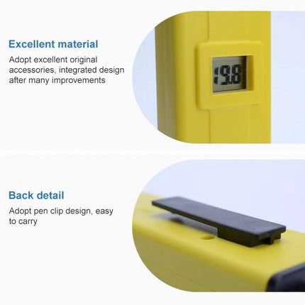 Portable Pen Type PH Meter for Everyday Water Testing showing yellow pen meter with digital display and back clip