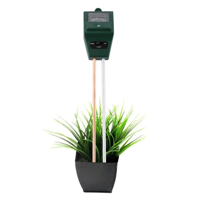 3-in-1 Soil Meter for Measuring pH, Moisture, and Light in Plants inserted into potted plant showing probe depths and analog display