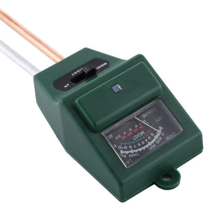 3-in-1 Soil Meter for Measuring pH, Moisture, and Light in Plants handheld probe showing dial and switch for home gardening