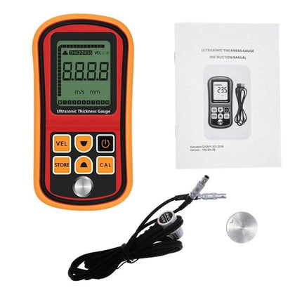 Ultrasonic Thickness Gauge for Material Inspection and Measurement handheld device with probe, cable and manual for metal thickness testing