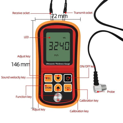 Ultrasonic Thickness Gauge for Material Inspection and Measurement handheld device with probe showing display and labeled buttons
