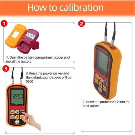 Ultrasonic Thickness Gauge for Material Inspection and Measurement showing calibration steps: battery install, probe insertion, and power on with display 5900