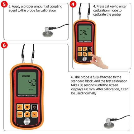 Ultrasonic Thickness Gauge for Material Inspection and Measurement - handheld gauge displaying 4.0mm during probe calibration with coupling agent and probe attached