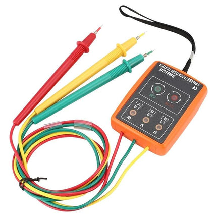 Three Phase Rotation Tester for Electrical Phase Checking compact LED buzzer device with red yellow green probes and wrist strap