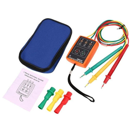 Three Phase Rotation Tester for Electrical Phase Checking compact LED buzzer tester with probes, leads, carry case and accessories