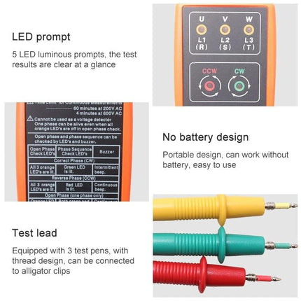 Three Phase Rotation Tester for Electrical Phase Checking handheld LED buzzer device showing U V W indicators and colored test leads