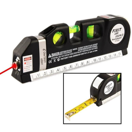 Laser Level Tool with Measuring Tape for Home Alignment Projects showing horizontal vial, vertical vial, laser beam and retractable tape measure