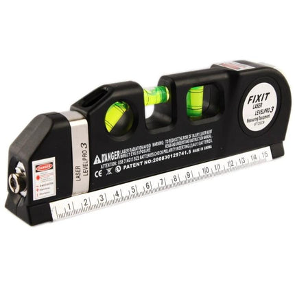 Laser Level Tool with Measuring Tape for Home Alignment Projects compact unit showing laser emitter, bubble vials and retractable measuring tape