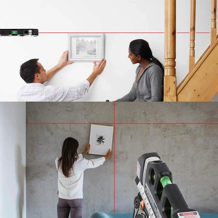 Laser Level Tool with Measuring Tape for Home Alignment Projects projecting horizontal and vertical red laser lines while couple aligns picture frames