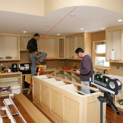 Laser Level Tool with Measuring Tape for Home Alignment Projects showing workers using laser and tape to align kitchen cabinets