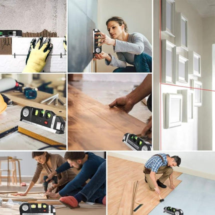 Laser Level Tool with Measuring Tape for Home Alignment Projects used to hang pictures, install shelves and lay flooring with precise laser and tape