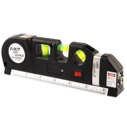 Laser Level Tool with Measuring Tape for Home Alignment Projects, compact black laser level with built-in tape and vials for straight home DIY alignment