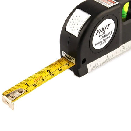 Laser Level Tool with Measuring Tape for Home Alignment Projects — compact tape measure and laser level for accurate shelf and picture alignment