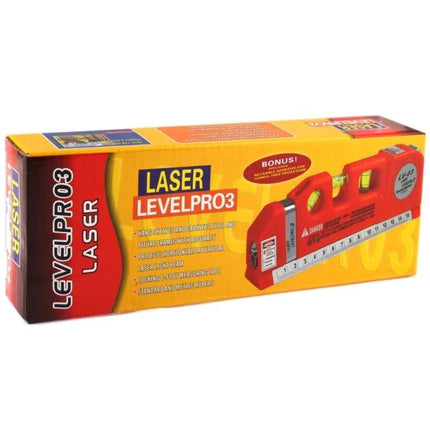 Laser Level Tool with Measuring Tape for Home Alignment Projects showing red LEVELPRO3 laser level in packaging with built-in tape measure