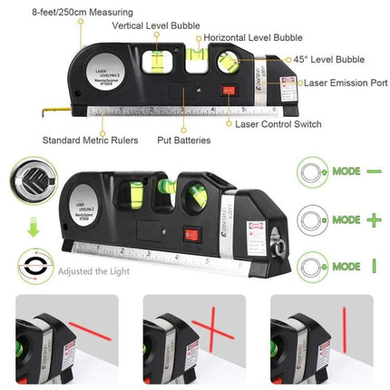 Laser Level Tool with Measuring Tape for Home Alignment Projects - compact laser level with 8ft tape, horizontal/vertical/45° bubbles and laser emission port