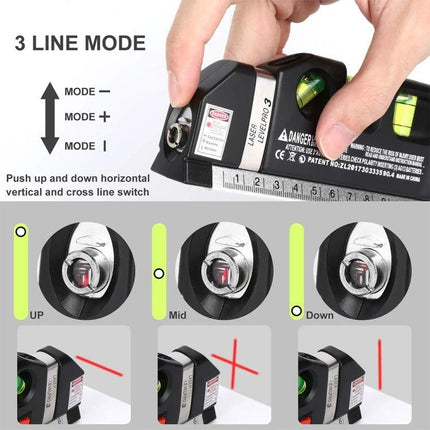 Laser Level Tool with Measuring Tape for Home Alignment Projects showing 3-line mode, tape measure and hand adjusting vertical/horizontal laser