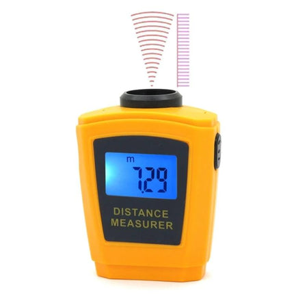 Mini Ultrasonic Distance Measurer with Laser Pointer, Orange showing 7.29m reading on blue display and ultrasonic sensor