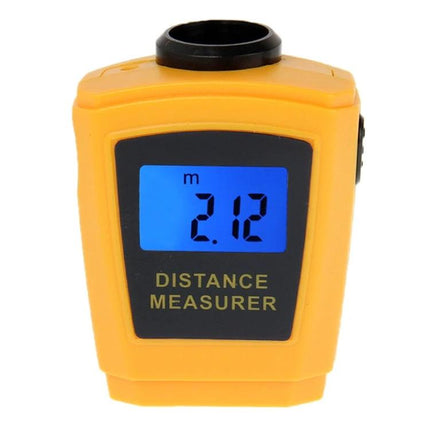 Mini Ultrasonic Distance Measurer with Laser Pointer, Orange showing 2.12m reading on blue LCD display
