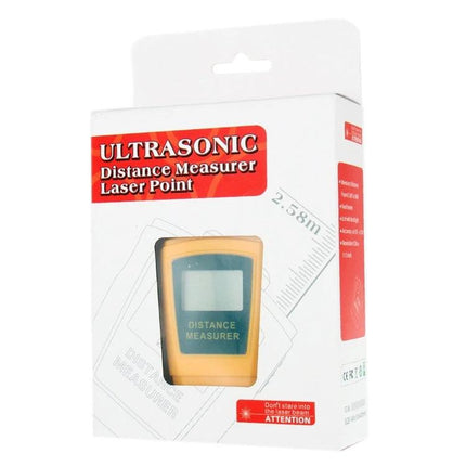 Mini Ultrasonic Distance Measurer with Laser Pointer, Orange in retail packaging showing device display and laser point