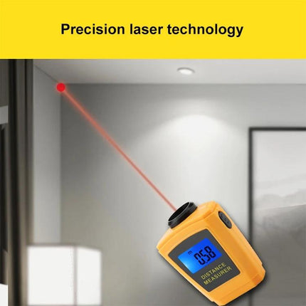 Mini Ultrasonic Distance Measurer with Laser Pointer, Orange handheld device projecting red laser for precision measurements