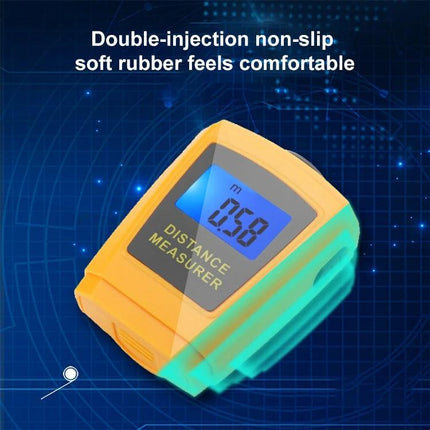 Mini Ultrasonic Distance Measurer with Laser Pointer, Orange compact handheld distance measurer with blue LCD and non-slip orange rubber
