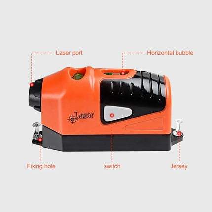 Laser Level for Projecting Straight Lines on Surfaces - compact orange laser level with horizontal bubble, laser port, switch and fixing holes for 50ft alignment