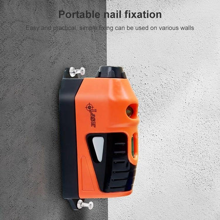 Laser Level for Projecting Straight Lines on Surfaces mounted on wall showing portable nail fixation and adhesive for DIY alignment up to 50 feet