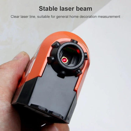 Hand holding orange compact Laser Level for Projecting Straight Lines on Surfaces showing clear red laser beam and adhesive mount