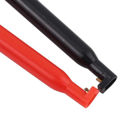 Small Hook Test Probe Clips for Electronic Repair and Testing - red and black insulated probe tips gripping small IC leads