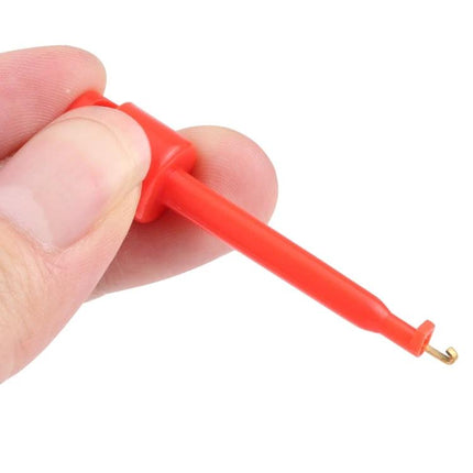 Small Hook Test Probe Clips for Electronic Repair and Testing – red insulated small hook probe held between fingers for IC and cellphone testing, prevents shorts