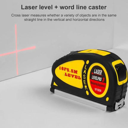 Portable Laser Level with 5.5 Meter Tape Measure for Home Projects - compact black yellow cross-line laser and 5.5m tape for hanging pictures and aligning tiles