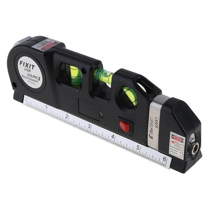 Laser Level Tool with 250cm Tape Measure for Hanging Projects showing black laser level device with bubble vials, tape ruler and red power switch