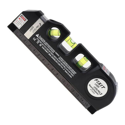 Laser Level Tool with 250cm Tape Measure for Hanging Projects - black multi-beam laser level with 3 vials and built-in 250cm tape for precise hanging