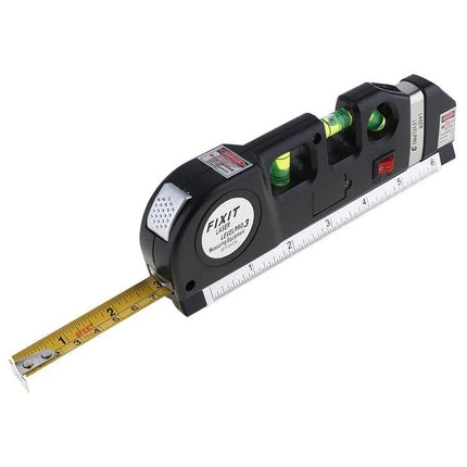 Laser Level Tool with 250cm Tape Measure for Hanging Projects - compact black laser level with 250cm tape, bubble vials and measurement markings